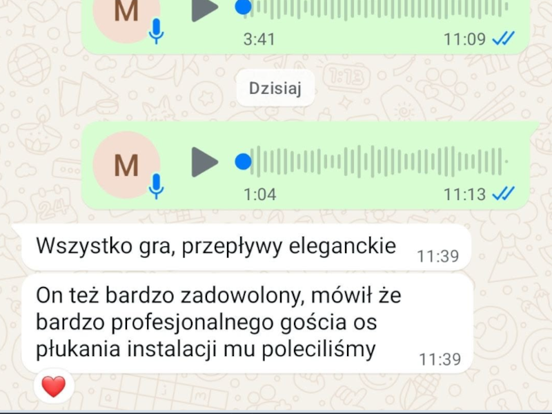 Opinia klienta po czyszczeniu instalacji z wiadomości SMS